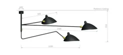 Editions Serge Mouille Spots<Ceiling Lamp w/2 Fixed Arms & 1 Curved Rotating Arm af Serge Mouille