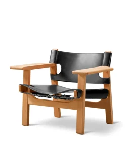 Fredericia Furniture Lænestole<Den Spanske Stol i mørkebrun læder, eg olie af Børge Mogensen
