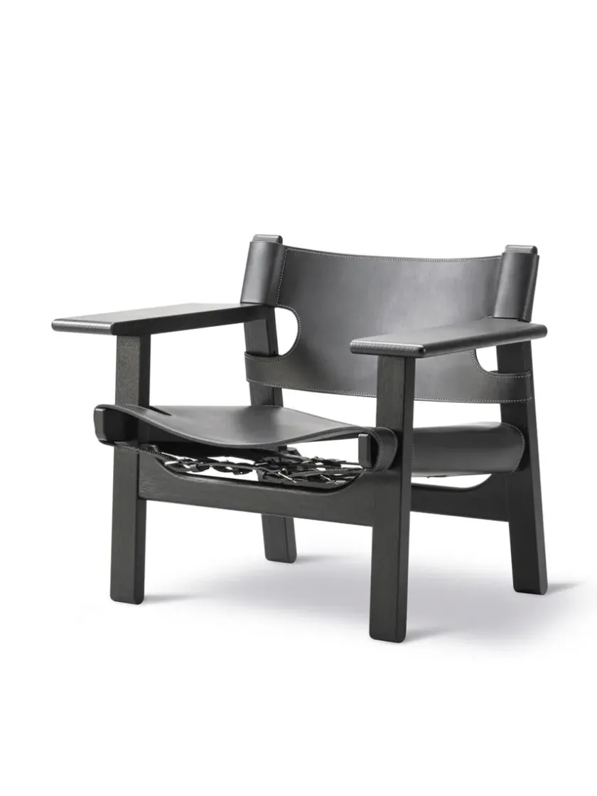 Fredericia Furniture Lænestole<Den Spanske Stol i sort læder, eg sæbe af Børge Mogensen