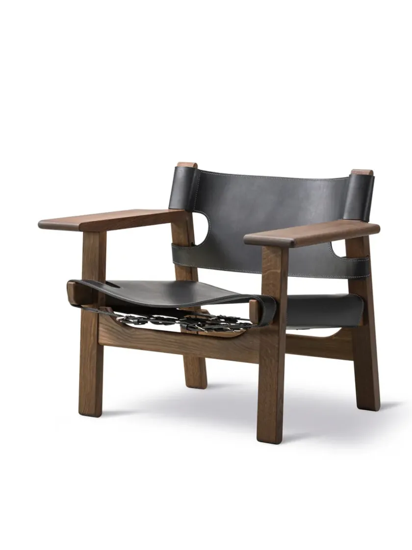 Fredericia Furniture Lænestole<Den Spanske Stol i sort læder, eg sæbe af Børge Mogensen