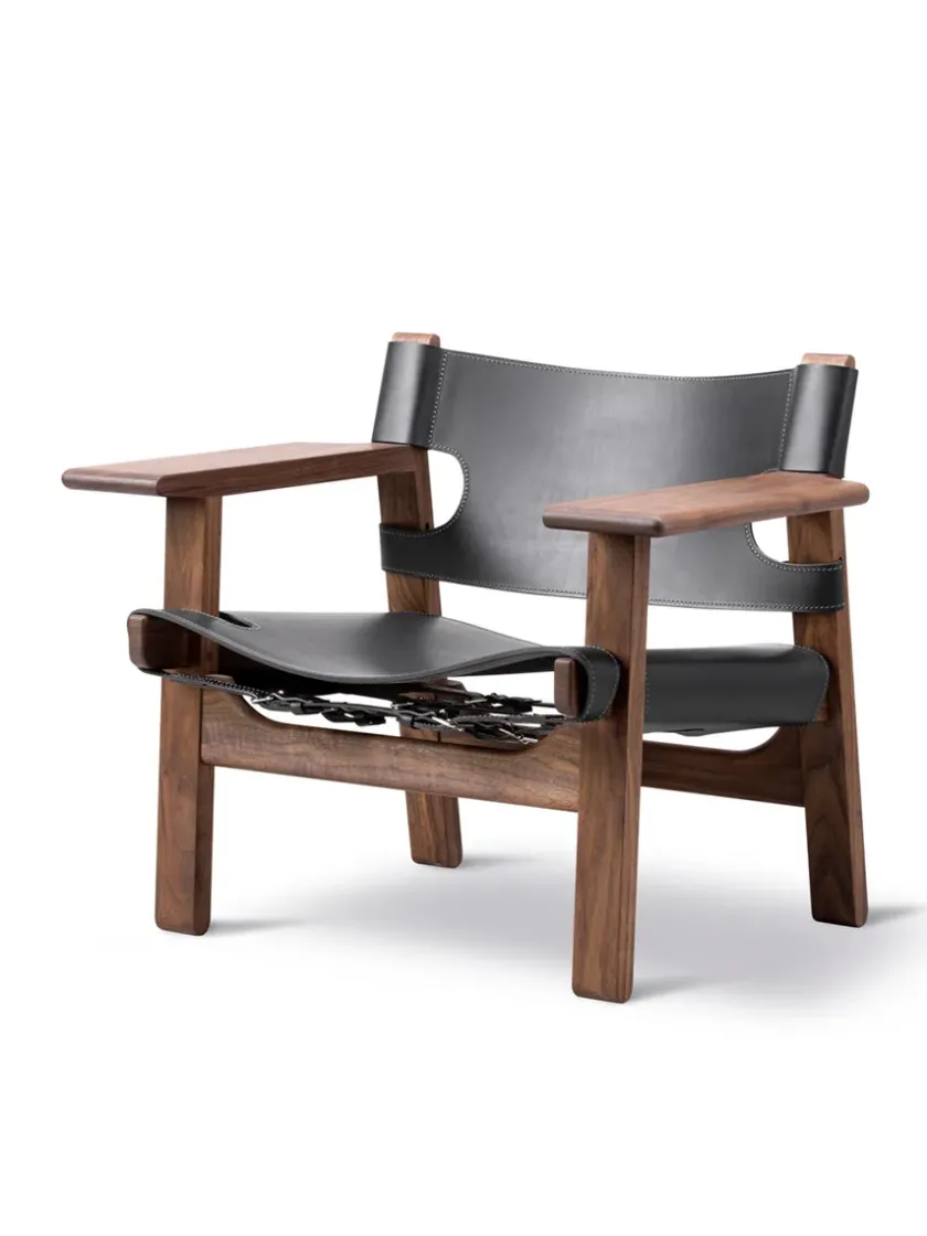 Fredericia Furniture Lænestole<Den Spanske Stol i sort læder, eg sæbe af Børge Mogensen