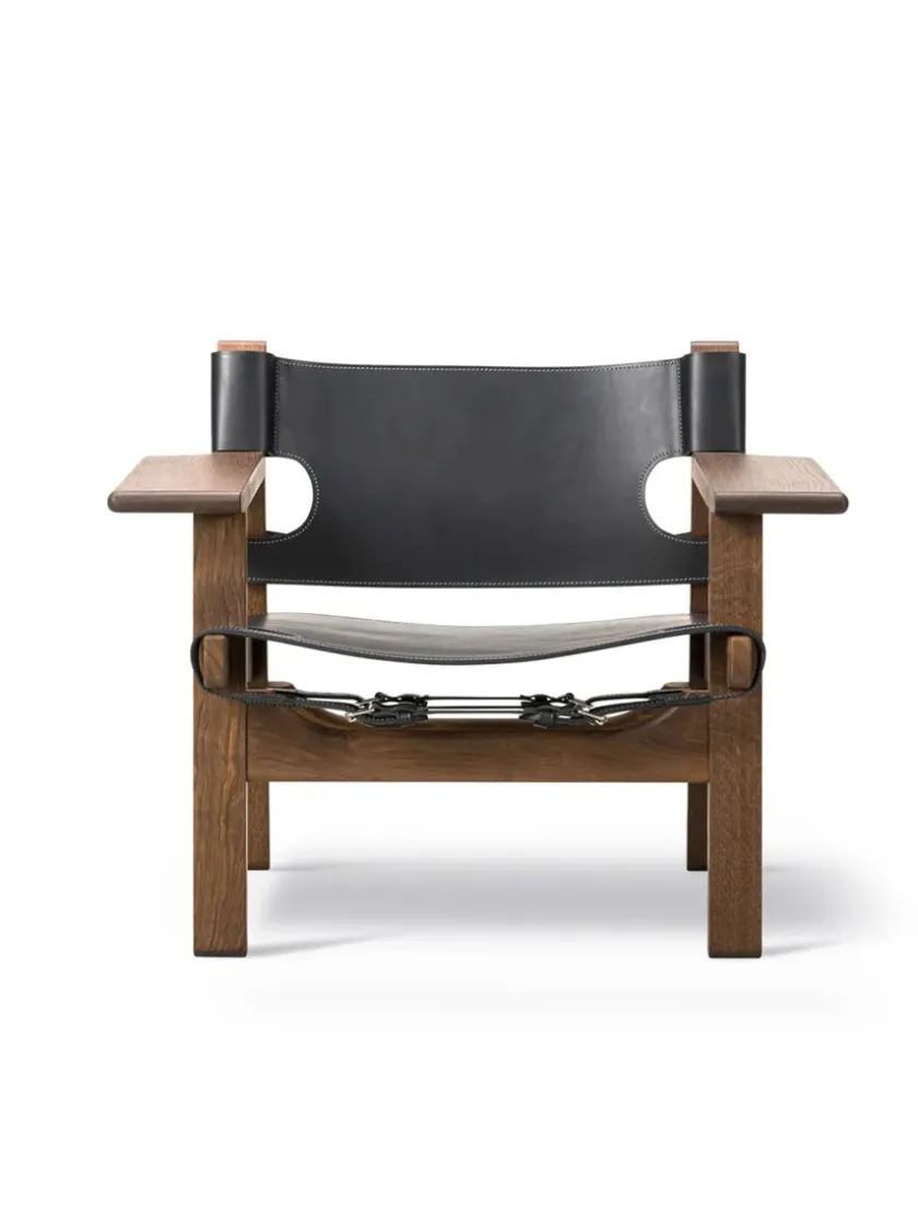 Fredericia Furniture Lænestole<Den Spanske Stol i sort læder, røget eg olie af Børge Mogensen