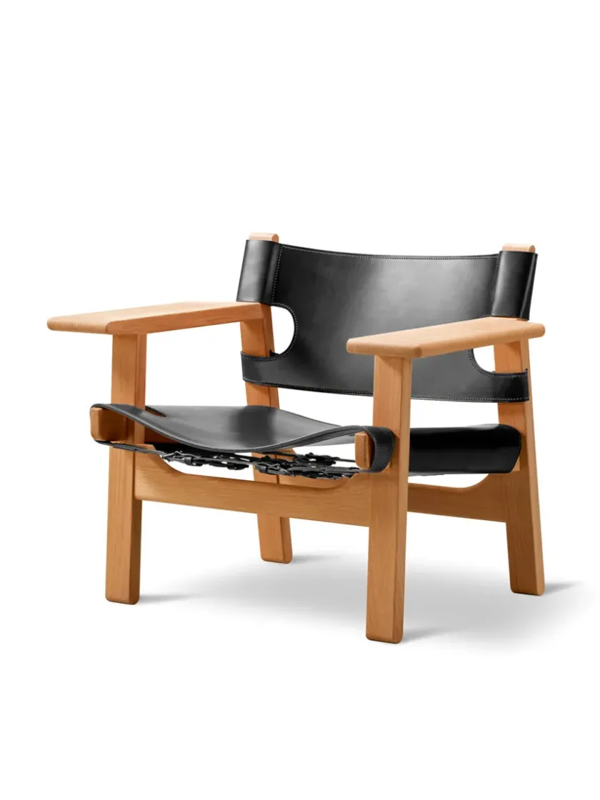 Fredericia Furniture Lænestole<Den Spanske Stol i sort læder, røget eg olie af Børge Mogensen