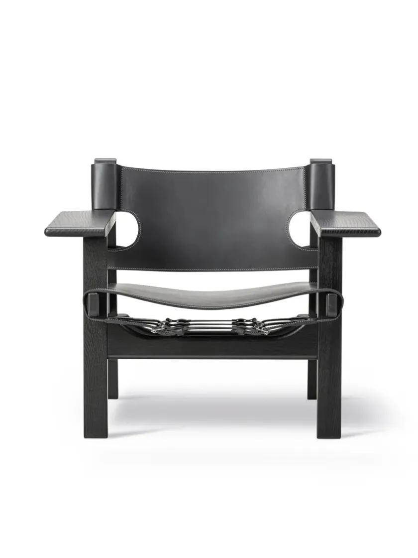 Fredericia Furniture Lænestole<Den Spanske Stol i sort læder, røget eg olie af Børge Mogensen