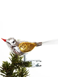 Brink Nordic Juletræspynt<Fugl m. Klemme 10 cm, sølvfarvet/rød fra