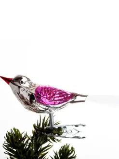 Brink Nordic Juletræspynt<Fugl m. Klemme 10 cm, sølvfarvet/pink fra