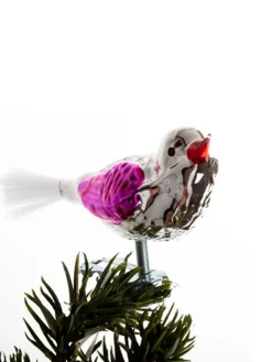 Brink Nordic Juletræspynt<Fugl m. Klemme 10 cm, sølvfarvet/pink fra