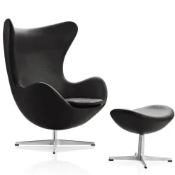 Fritz Hansen Lænestole<Ægget, Kastanjebrun Grace læder, uden returdrej inkl. skammel af Arne Jacobsen