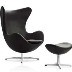 Fritz Hansen Lænestole<Ægget, Mørk Brun Grace læder, uden returdrej inkl. skammel af Arne Jacobsen
