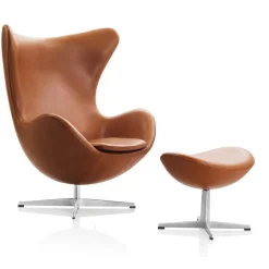 Fritz Hansen Lænestole<Ægget, Mørk Brun Grace læder, uden returdrej inkl. skammel af Arne Jacobsen