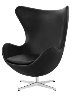 Fritz Hansen Lænestole<Ægget, sort læder/aluminium af Arne Jacobsen