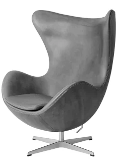Fritz Hansen Lænestole<Ægget, sort læder/aluminium af Arne Jacobsen