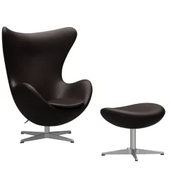 Fritz Hansen Lænestole<Ægget, Valnød Aura læder, med returdrej inkl. skammel af Arne Jacobsen