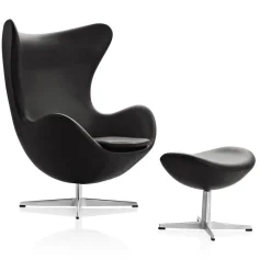 Fritz Hansen Lænestole<Ægget, Valnød Essential læder, med returdrej inkl. skammel af Arne Jacobsen