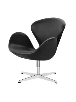 Fritz Hansen Loungestole|Lænestole<Svanen, sort læder/aluminium af Arne Jacobsen